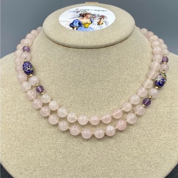 ROSE QUARTZ AND CLOISONNÉ BEADS 30” - Picture 6 of 7